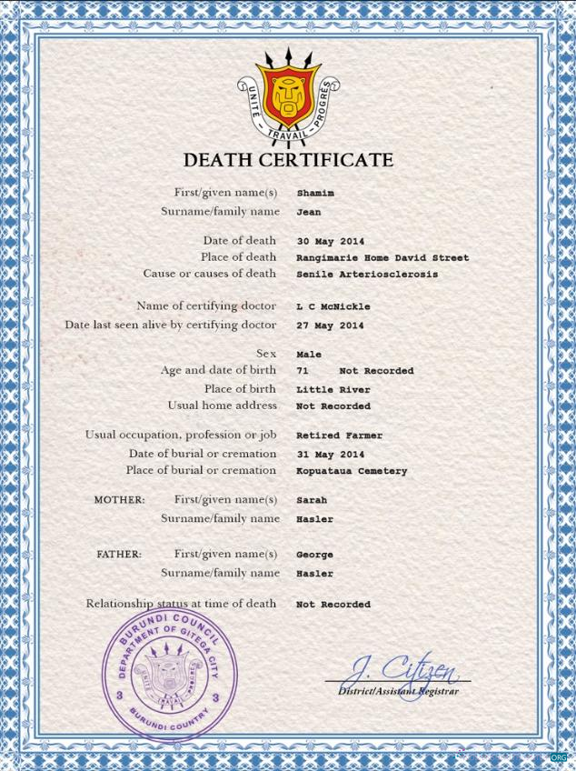 Download Burundi vital record death certificate PSD template Photoshop template